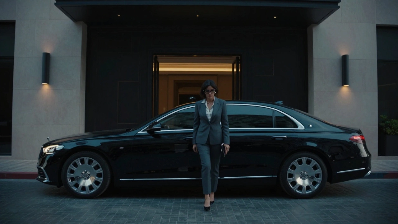 A sleek car arriving at a private club entrance in Dubai, emphasizing discretion and high-end privacy.
