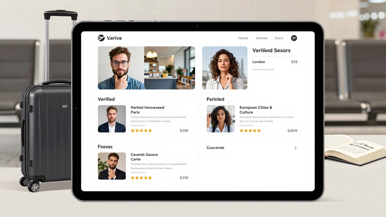 A traveler reviewing verified escort profiles on a tablet in an airport lounge.