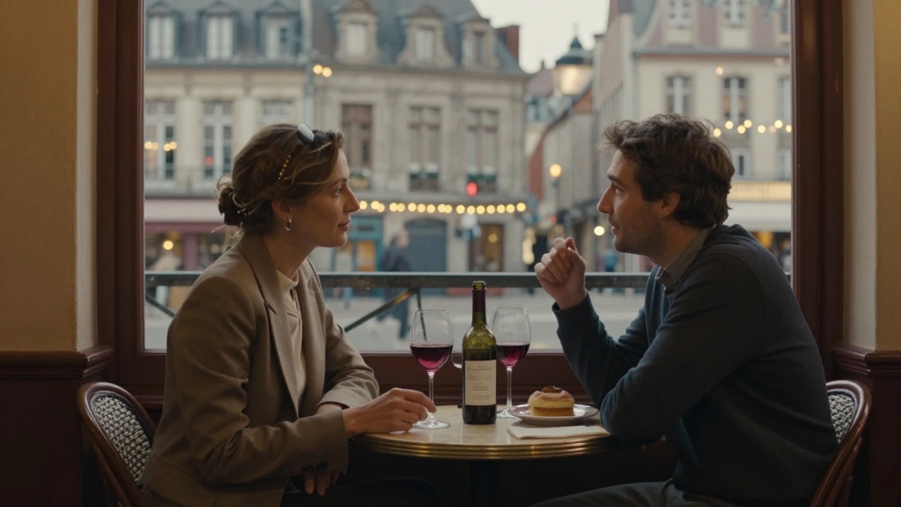 A woman and man enjoying wine and conversation in a cozy Lille café at dusk.