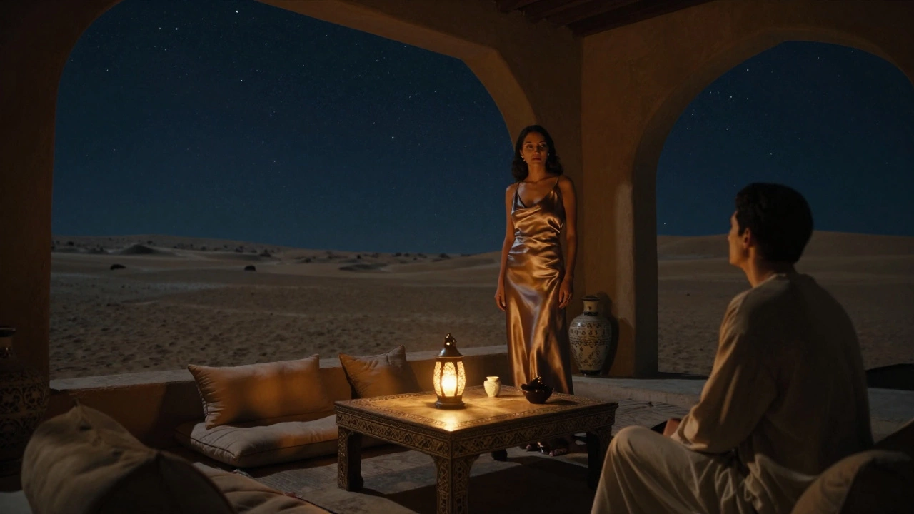 A woman in elegant attire in a desert villa at night, surrounded by lantern light and starry skies.